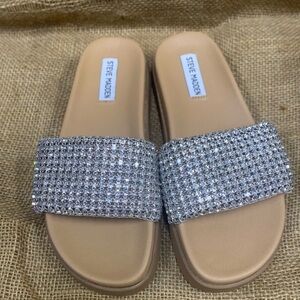 Steve Madden Tan Slide Sandals with Silver Crystal Strap